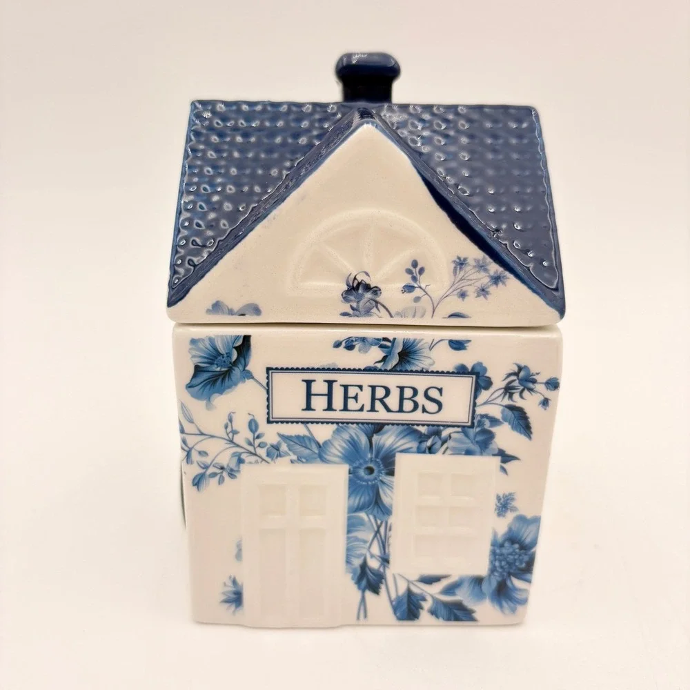 Beau Monde Decor Blue White Ceramic Spice Village House‎ Herb Jar Hand Painted